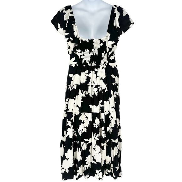 Rachel Zoe Black and Cream Floral Flutter Sleeve Tiered Maxi Dress Size XL - Picture 7 of 9